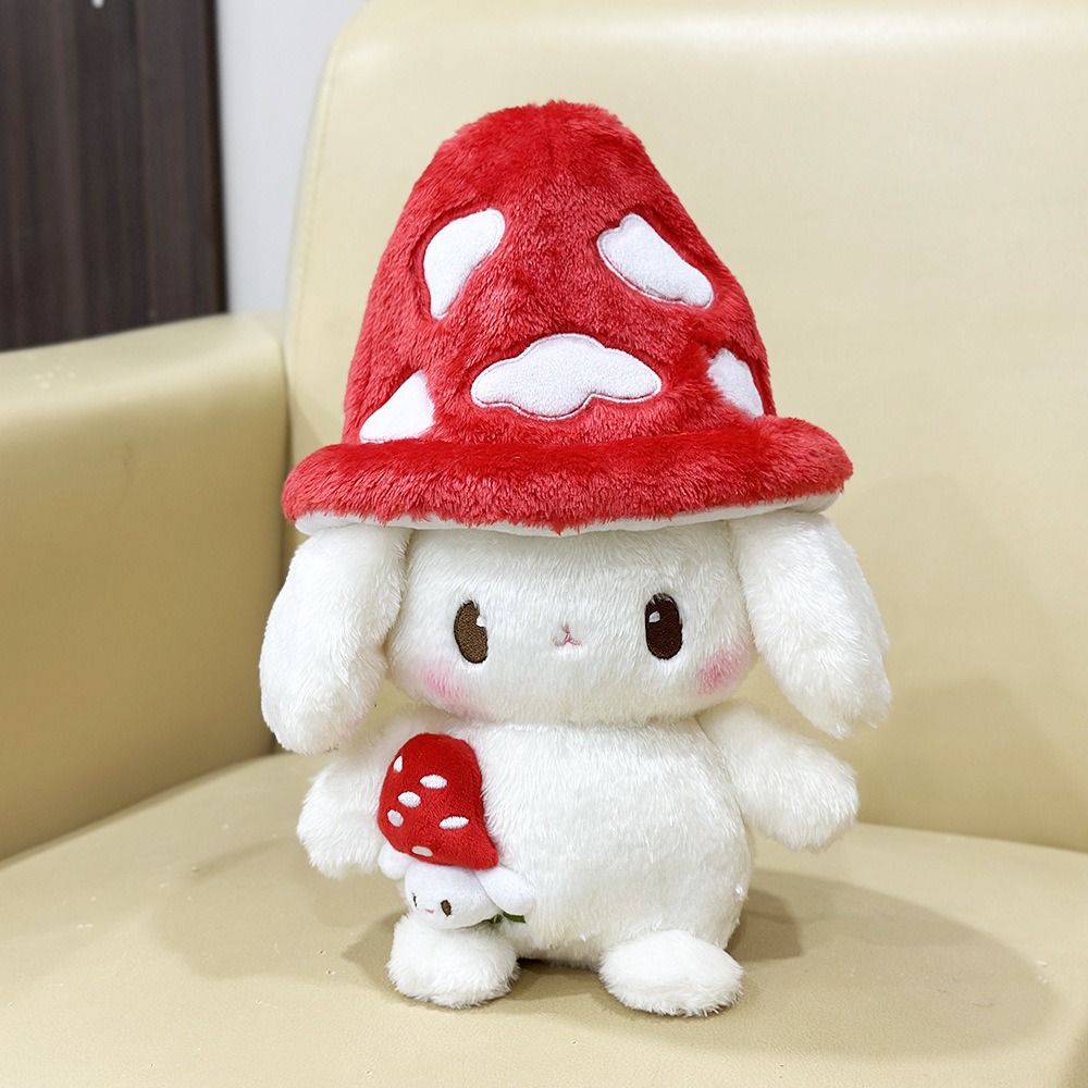 30cm Cute Mushroom Hat Bunny Plush Toy - Adorable White Rabbit Stuffed Animal with Pink Mushroom Accent 18