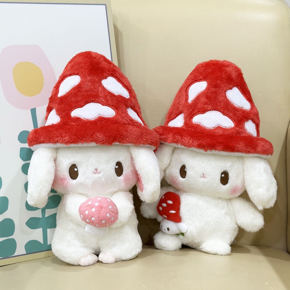 30cm Cute Mushroom Hat Bunny Plush Toy - Adorable White Rabbit Stuffed Animal with Pink Mushroom Accent 12