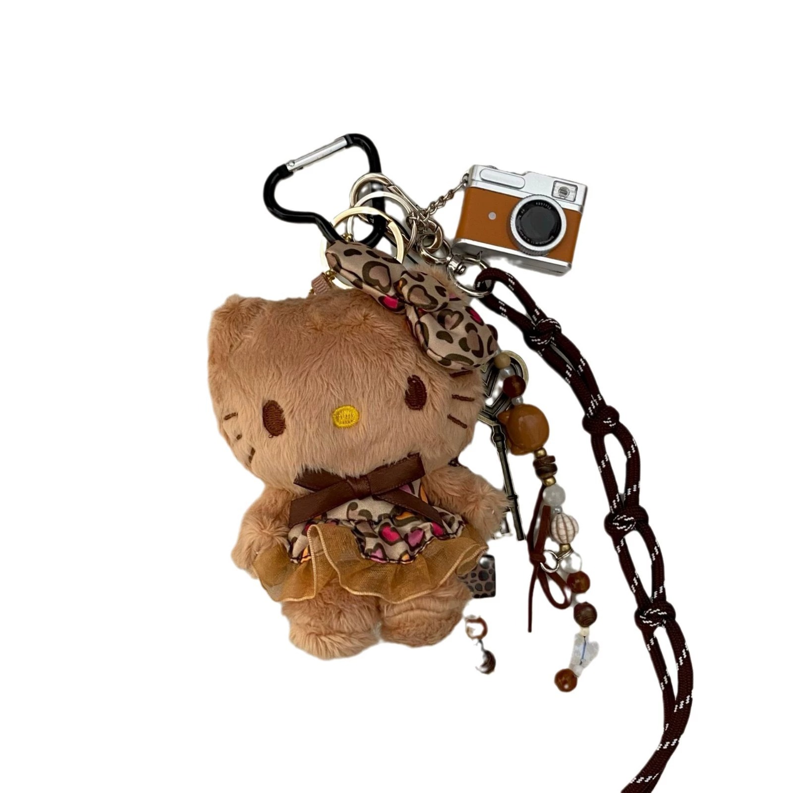 Vintage Hello Kitty Plush Keychain with Mini Camera Charm & Bohemian Beads - Cute Multi-functional Accessory for Bags & 13
