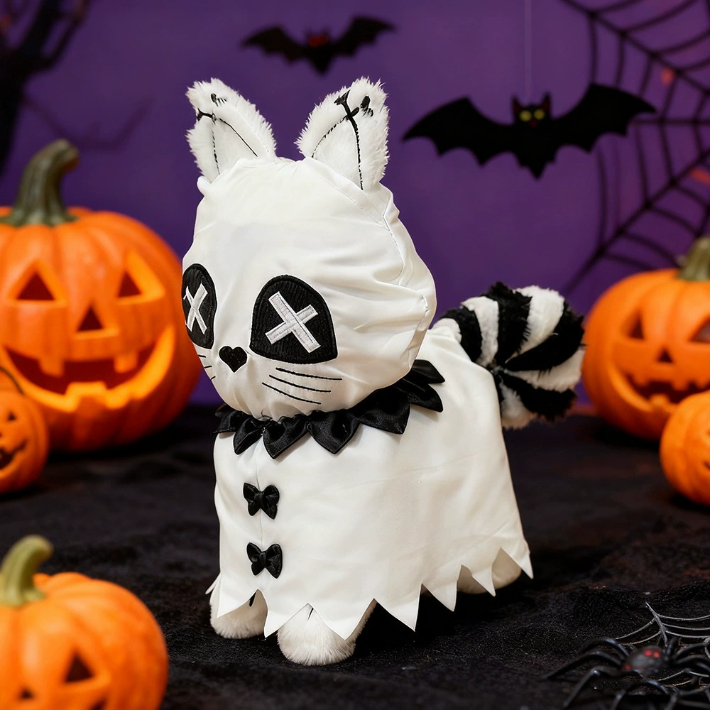 Cute Halloween Ghost Cat Plush Toy - 25cm Spooky Cartoon Stuffed Animal with X-Eyes & Striped Tail, 180g Festive Decor 11