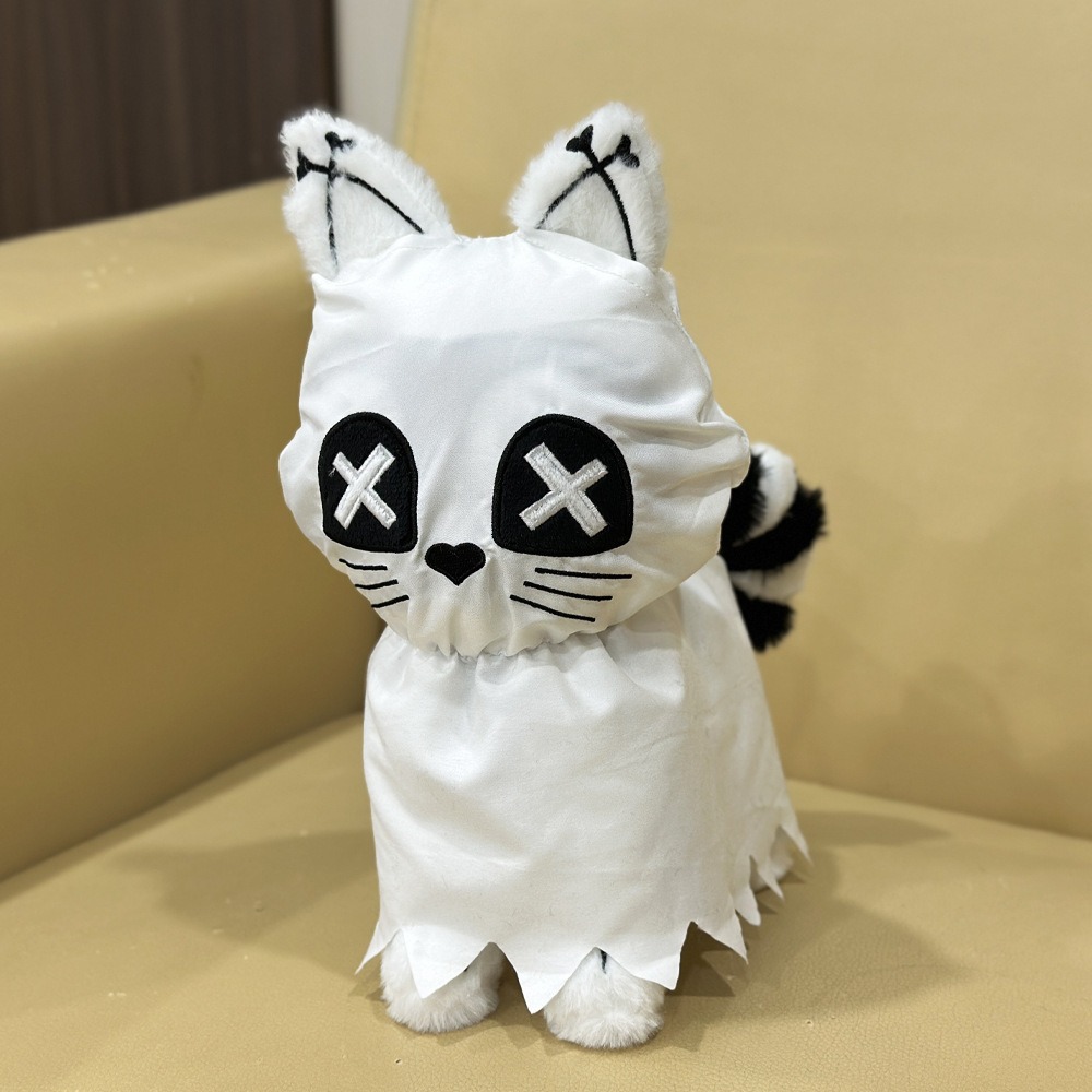 Cute Halloween Ghost Cat Plush Toy - 25cm Spooky Cartoon Stuffed Animal with X-Eyes & Striped Tail, 180g Festive Decor 13
