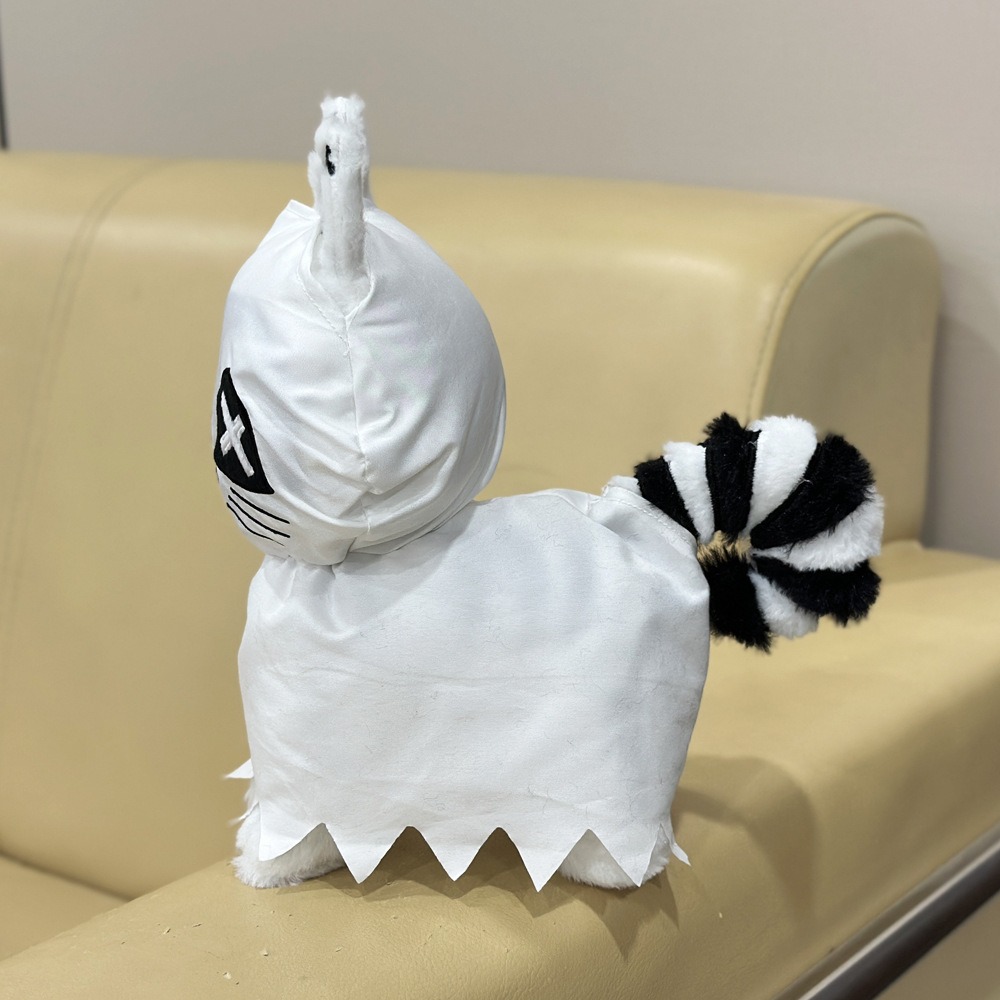 Cute Halloween Ghost Cat Plush Toy - 25cm Spooky Cartoon Stuffed Animal with X-Eyes & Striped Tail, 180g Festive Decor 15