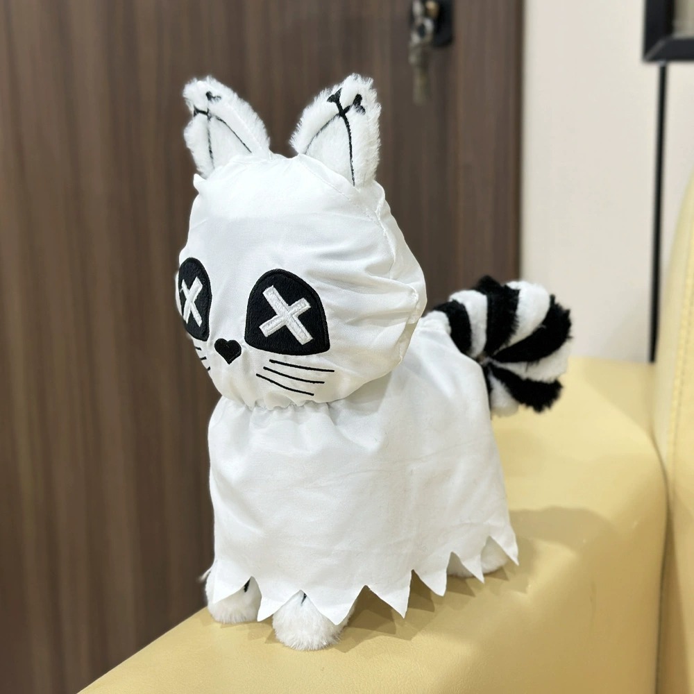 Cute Halloween Ghost Cat Plush Toy - 25cm Spooky Cartoon Stuffed Animal with X-Eyes & Striped Tail, 180g Festive Decor 19