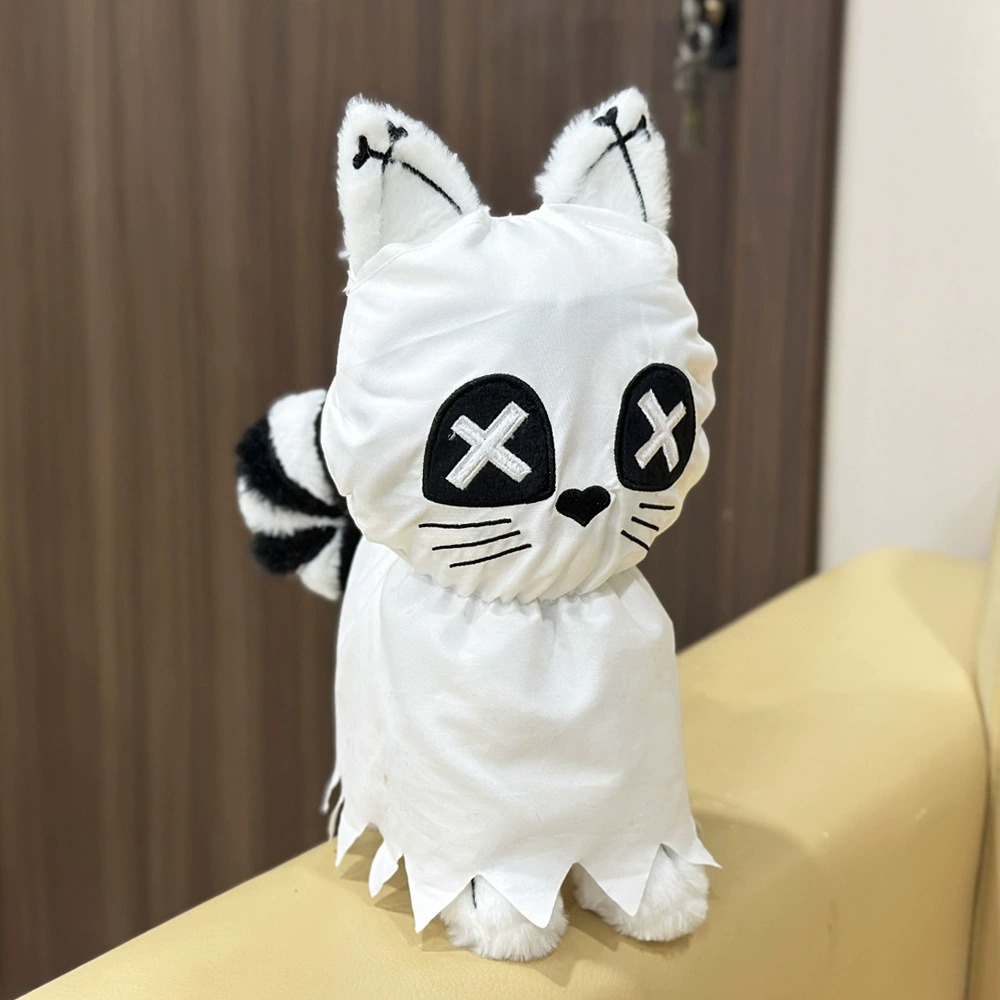 Cute Halloween Ghost Cat Plush Toy - 25cm Spooky Cartoon Stuffed Animal with X-Eyes & Striped Tail, 180g Festive Decor 16