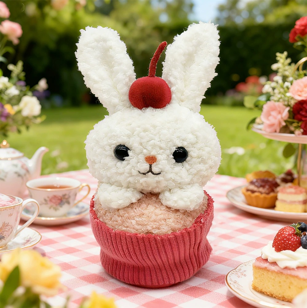 18cm Cute White Bunny Plush Toy in Cupcake Design with Cherry Decoration, 18cm Soft Stuffed Animal Adorable Rabbit Plush 11