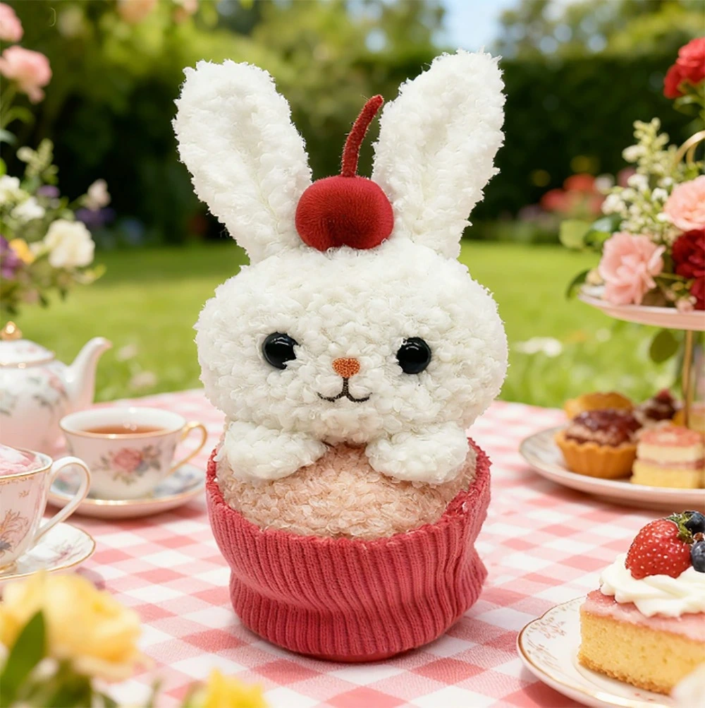 18cm Cute White Bunny Plush Toy in Cupcake Design with Cherry Decoration, 18cm Soft Stuffed Animal Adorable Rabbit Plush 1