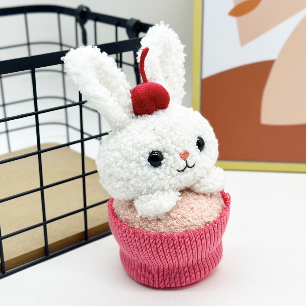 18cm Cute White Bunny Plush Toy in Cupcake Design with Cherry Decoration, 18cm Soft Stuffed Animal Adorable Rabbit Plush 14