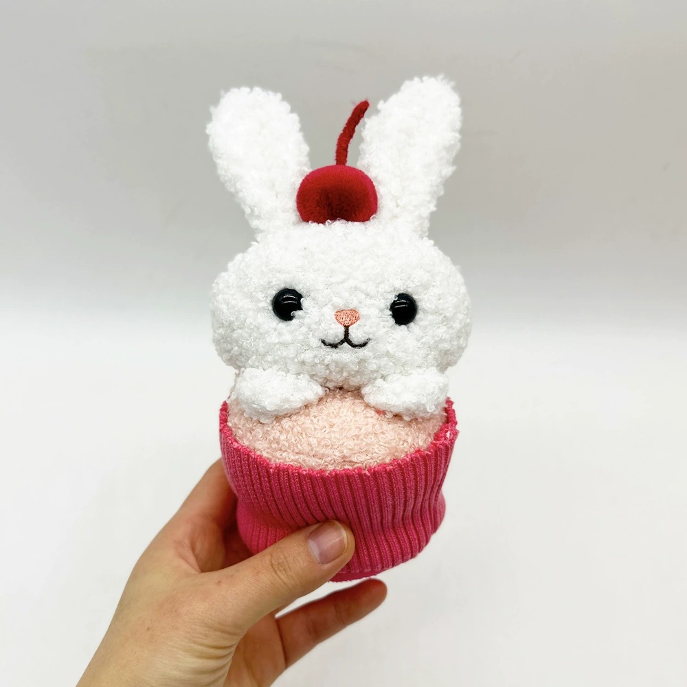 18cm Cute White Bunny Plush Toy in Cupcake Design with Cherry Decoration, 18cm Soft Stuffed Animal Adorable Rabbit Plush 16