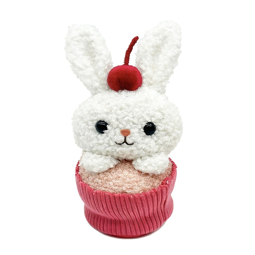 18cm Cute White Bunny Plush Toy in Cupcake Design with Cherry Decoration, 18cm Soft Stuffed Animal Adorable Rabbit Plush 18