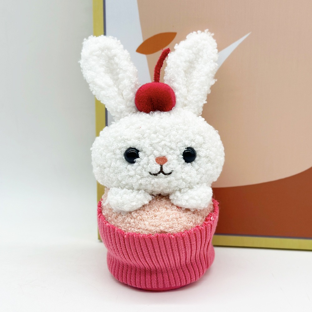 18cm Cute White Bunny Plush Toy in Cupcake Design with Cherry Decoration, 18cm Soft Stuffed Animal Adorable Rabbit Plush 12