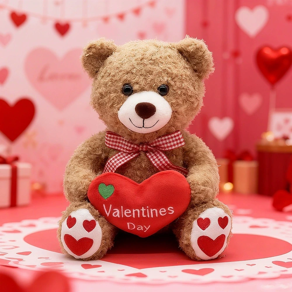 26cm Wholesale Valentine Teddy Bears Plush Toy - Cuddly Brown Bear with Heart Detail &amp; Gingham Bow Gift 1