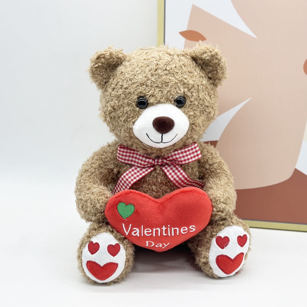 26cm Wholesale Valentine Teddy Bears Plush Toy - Cuddly Brown Bear with Heart Detail & Gingham Bow Gift 12