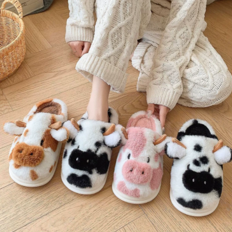 Cozy Cow Stuffed Plush Slippers - Fluffy Animal-Shaped Slippers with Anti-Slip Sole for Winter Indoor Bedroom Living Roo 1