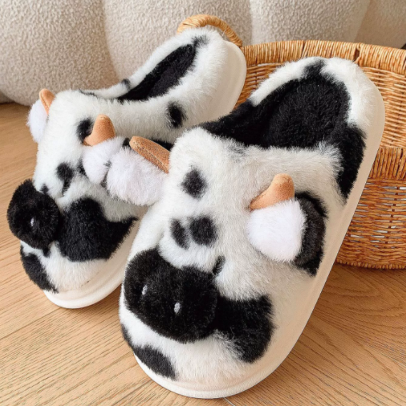 Cozy Cow Stuffed Plush Slippers - Fluffy Animal-Shaped Slippers with Anti-Slip Sole for Winter Indoor Bedroom Living Roo 16