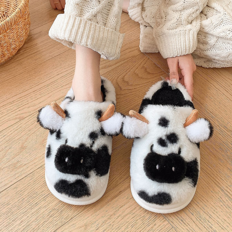 Cozy Cow Stuffed Plush Slippers - Fluffy Animal-Shaped Slippers with Anti-Slip Sole for Winter Indoor Bedroom Living Roo 14