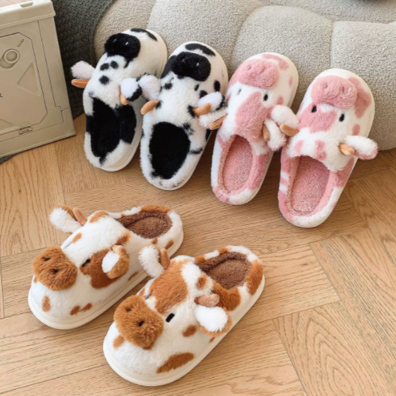 Cozy Cow Stuffed Plush Slippers - Fluffy Animal-Shaped Slippers with Anti-Slip Sole for Winter Indoor Bedroom Living Roo 12
