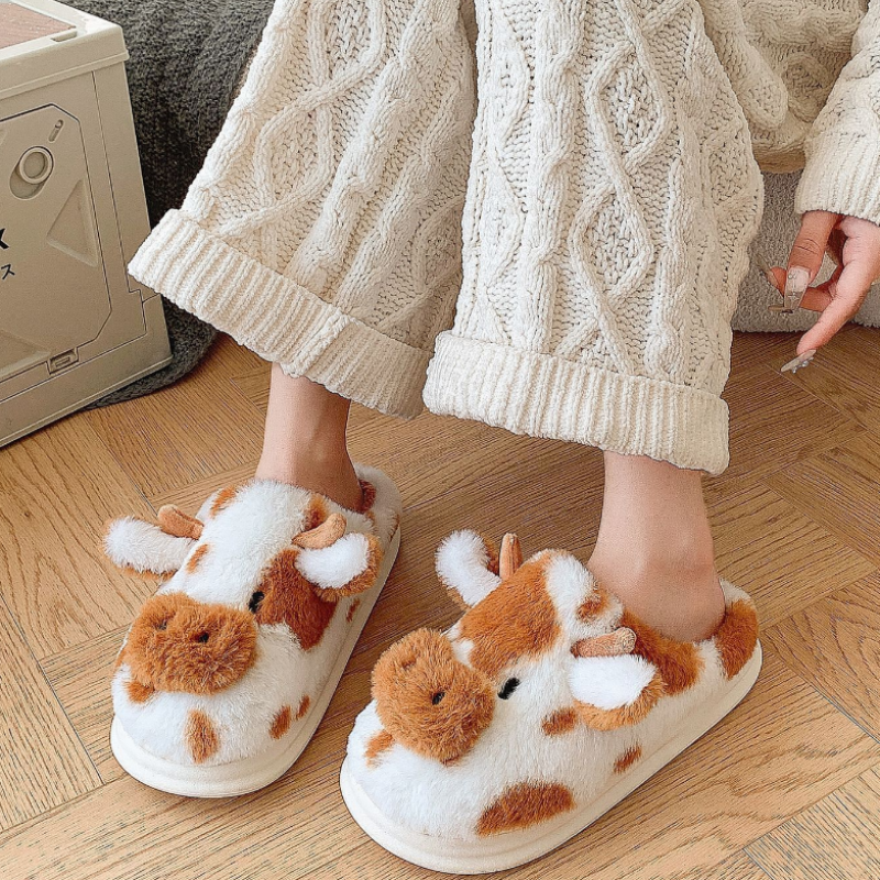 Cozy Cow Stuffed Plush Slippers - Fluffy Animal-Shaped Slippers with Anti-Slip Sole for Winter Indoor Bedroom Living Roo 13