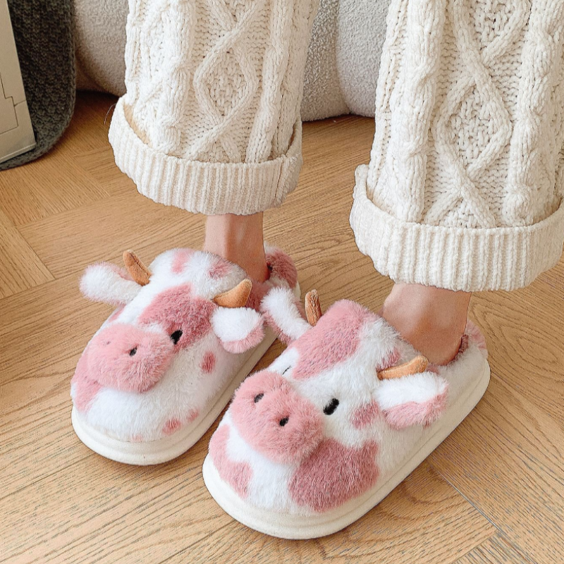 Cozy Cow Stuffed Plush Slippers - Fluffy Animal-Shaped Slippers with Anti-Slip Sole for Winter Indoor Bedroom Living Roo 15