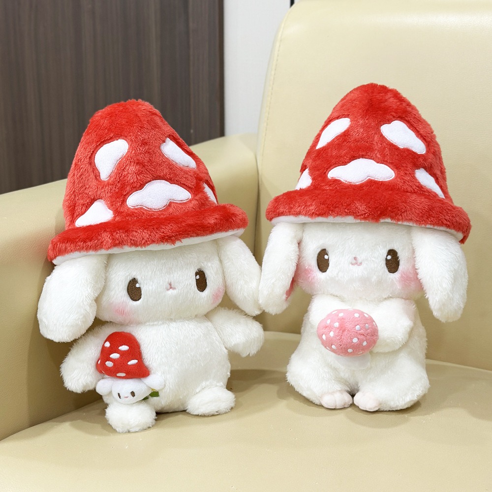 Kawaii Mushroom Hat Plush Bunny - 30cm Soft White Rabbit Stuffed Animal with Mini Mushroom Companion, Cute Plush Toy Gif 12
