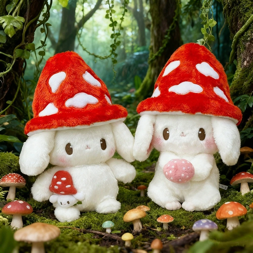 Kawaii Mushroom Hat Plush Bunny - 30cm Soft White Rabbit Stuffed Animal with Mini Mushroom Companion, Cute Plush Toy Gif 1