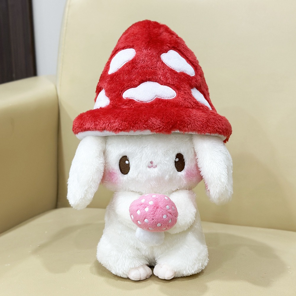 Kawaii Mushroom Hat Plush Bunny - 30cm Soft White Rabbit Stuffed Animal with Mini Mushroom Companion, Cute Plush Toy Gif 16