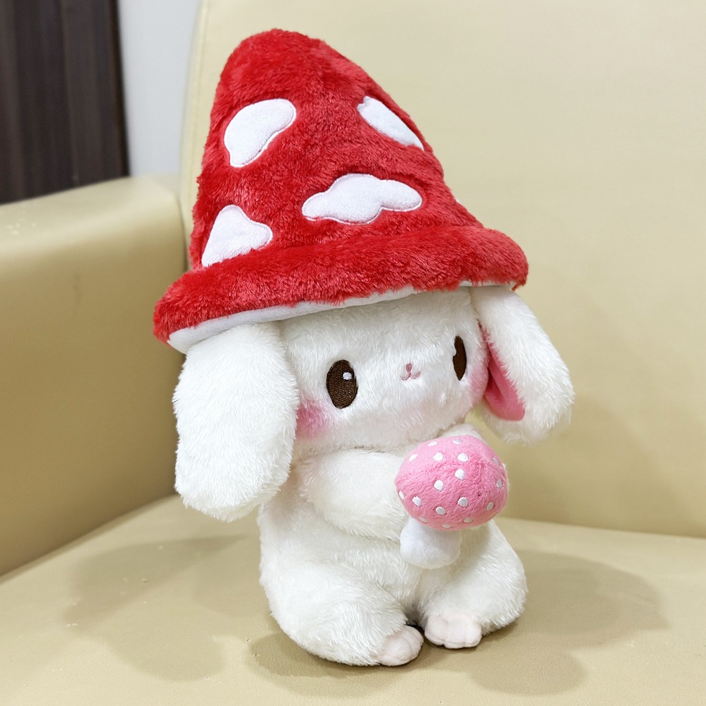Kawaii Mushroom Hat Plush Bunny - 30cm Soft White Rabbit Stuffed Animal with Mini Mushroom Companion, Cute Plush Toy Gif 15