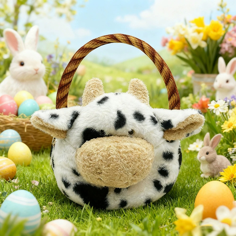 Adorable Cow Plush Basket - 32cm Spotted Cow - Shaped Handbag with Handle, 198g Soft Stuffed Animal Tote for Storage 11
