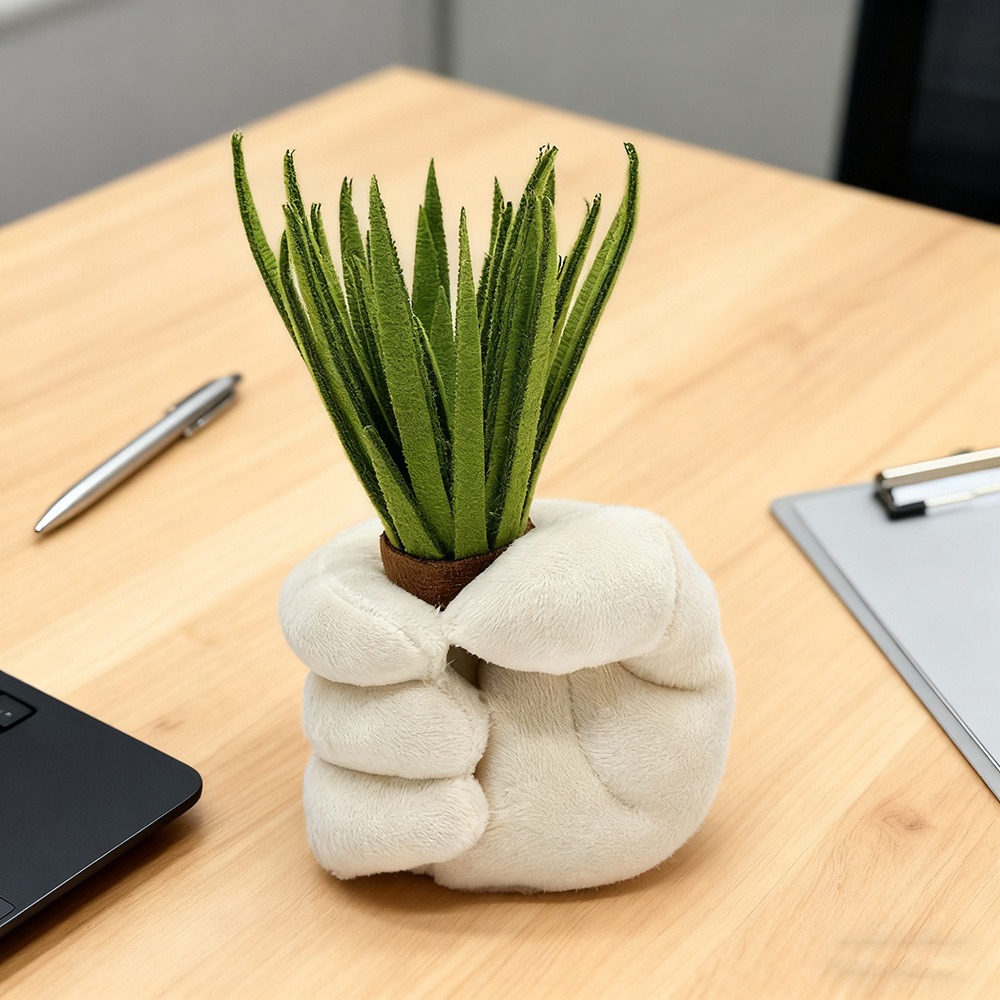 Забавная плюшевая настольная кашпо высотой 16 см с искусственным суккулентом — милый декоративный элемент для дома, офиса и оригинальный подарок. 14