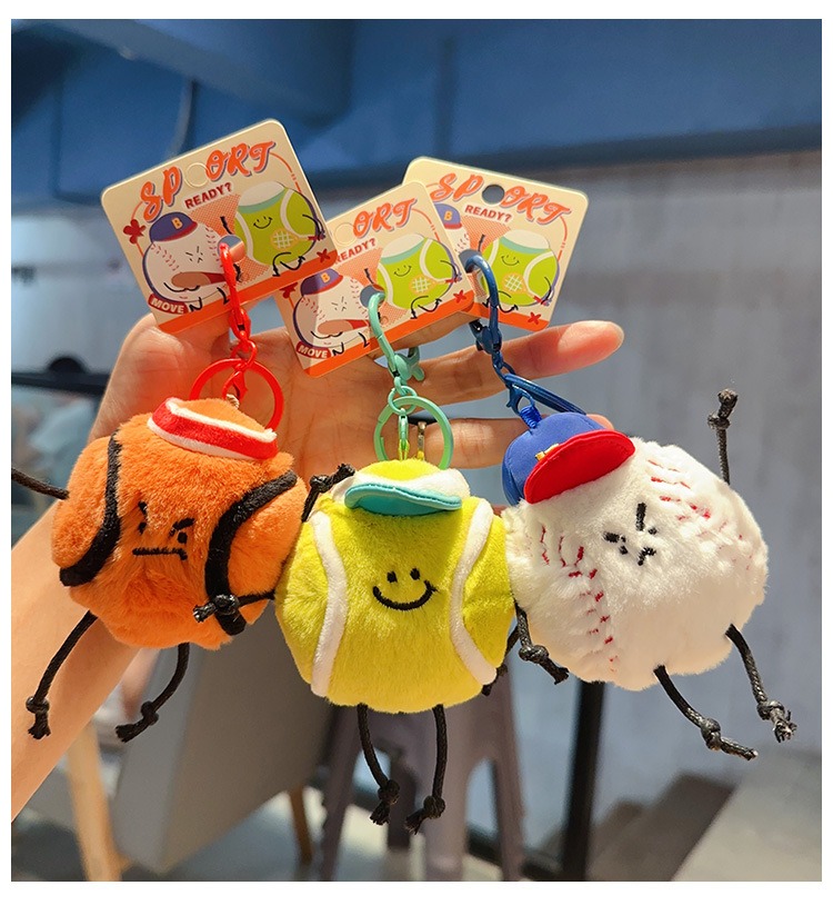 3PCS Sport Ball Plush Keychain Set Basketball Tennis Baseball Soft Stuffed Toy with Hat for Kids Bags Gifts 11