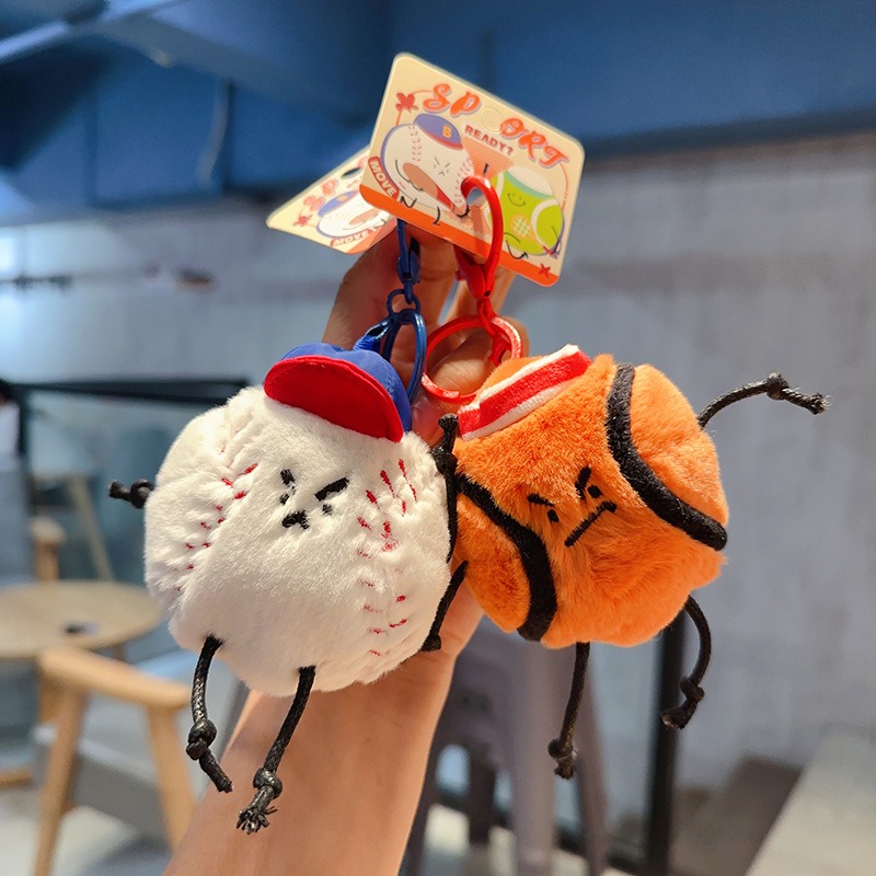 3PCS Sport Ball Plush Keychain Set Basketball Tennis Baseball Soft Stuffed Toy with Hat for Kids Bags Gifts 23