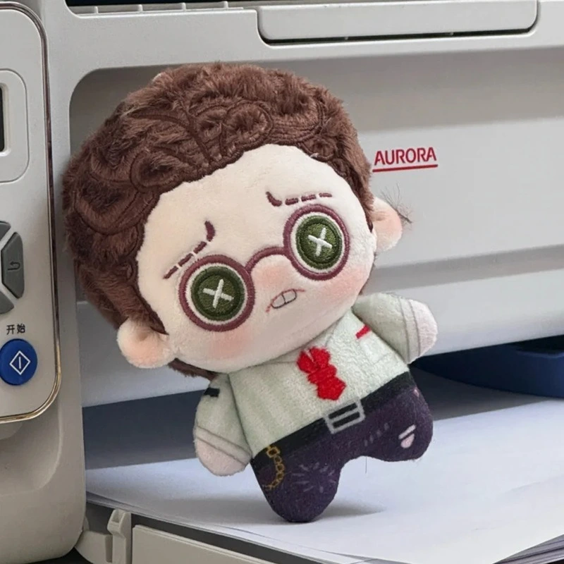 Cute Plush Doll with Curly Brown Hair &amp; Green Cross Glasses - Unique Stuffed Toy with Detailed Outfit for Collectors &amp; F 1
