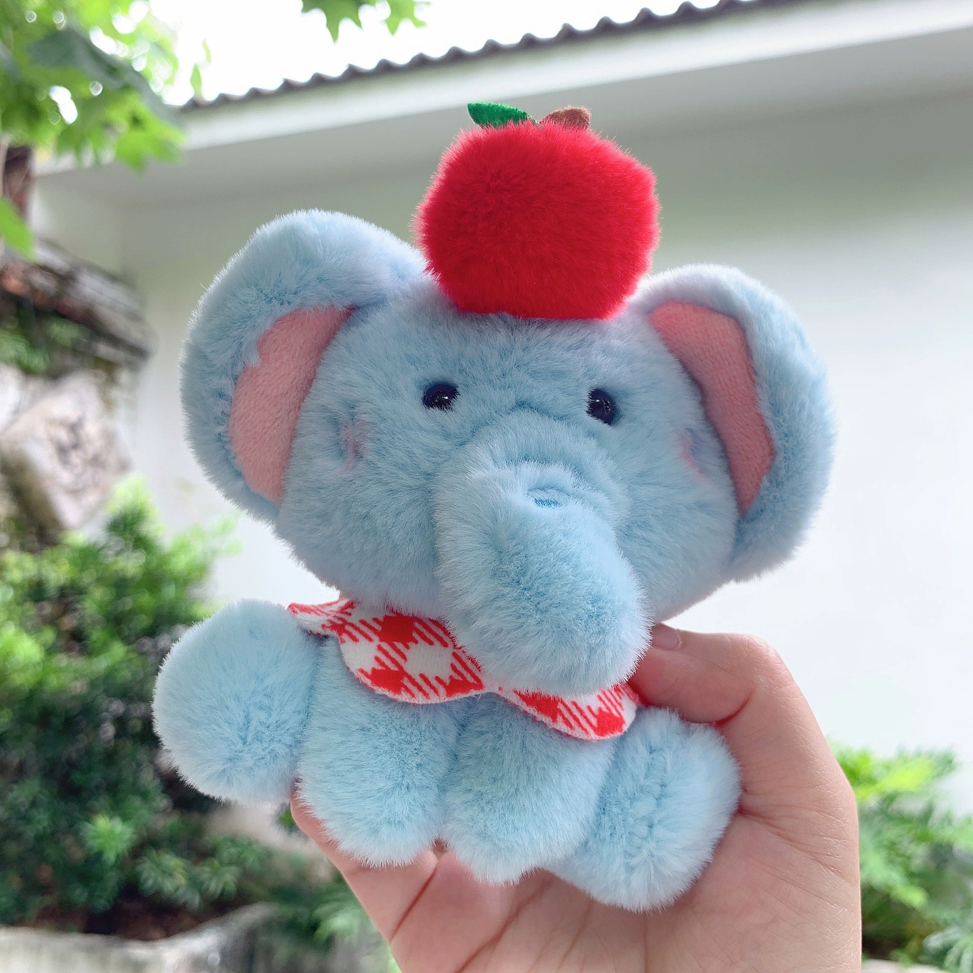 Cute Blue Elephant Plush Keychain 11cm Mini Soft Toy with Red Check Scarf and Pom Pom for Gifts 9