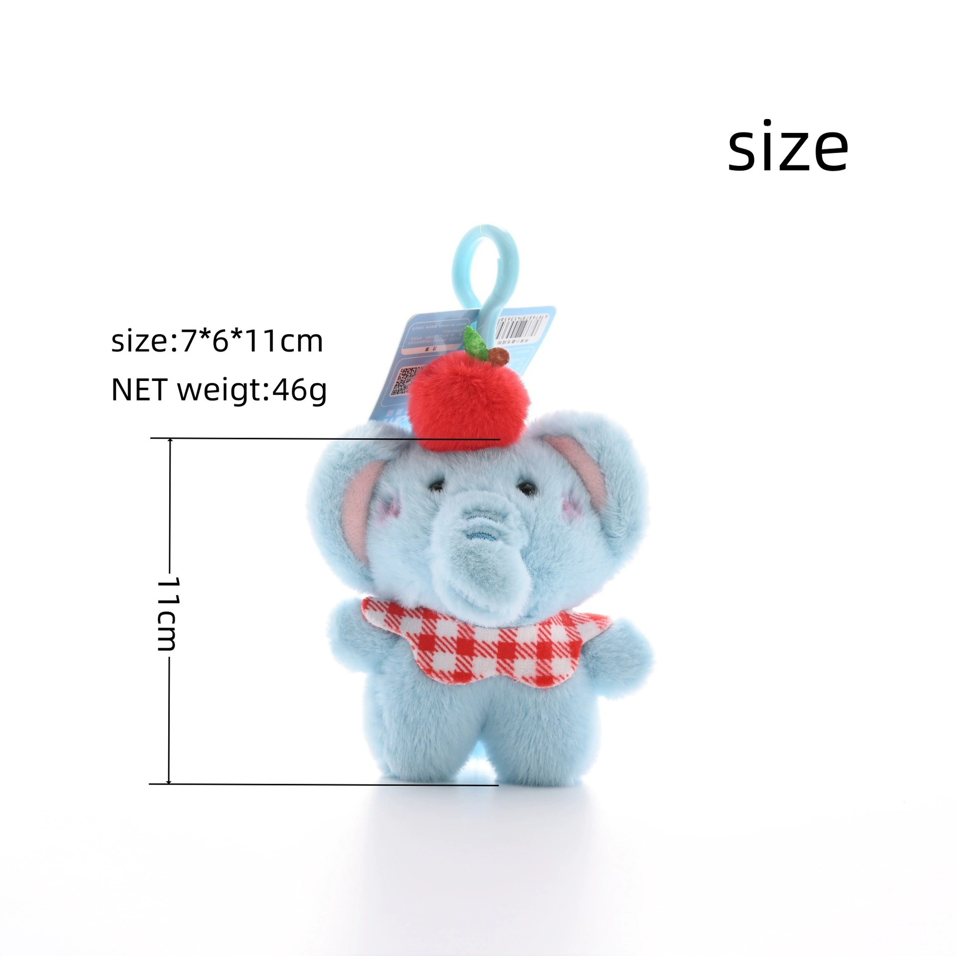Cute Blue Elephant Plush Keychain 11cm Mini Soft Toy with Red Check Scarf and Pom Pom for Gifts 15