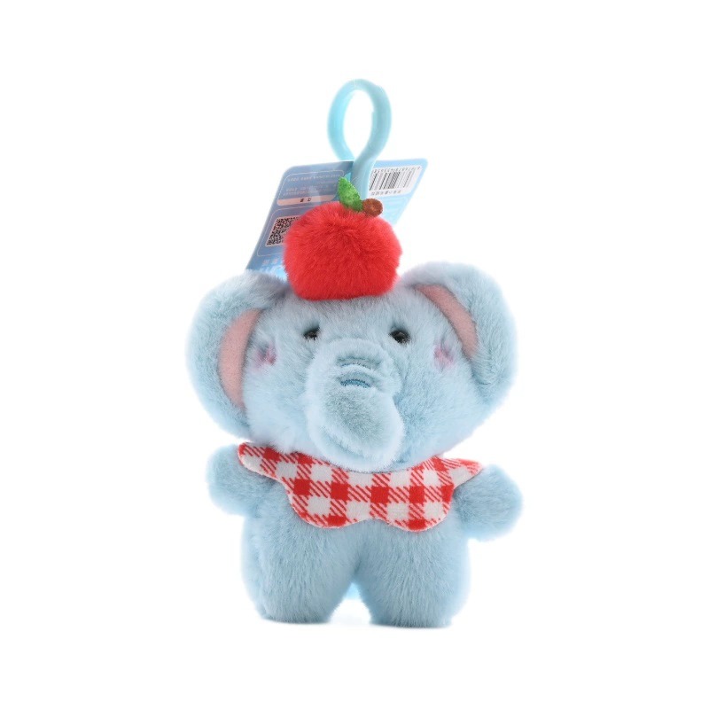 Cute Blue Elephant Plush Keychain 11cm Mini Soft Toy with Red Check Scarf and Pom Pom for Gifts 13