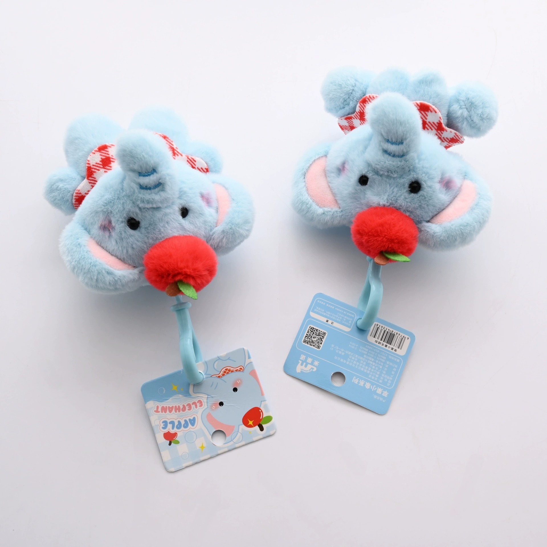 Cute Blue Elephant Plush Keychain 11cm Mini Soft Toy with Red Check Scarf and Pom Pom for Gifts 14