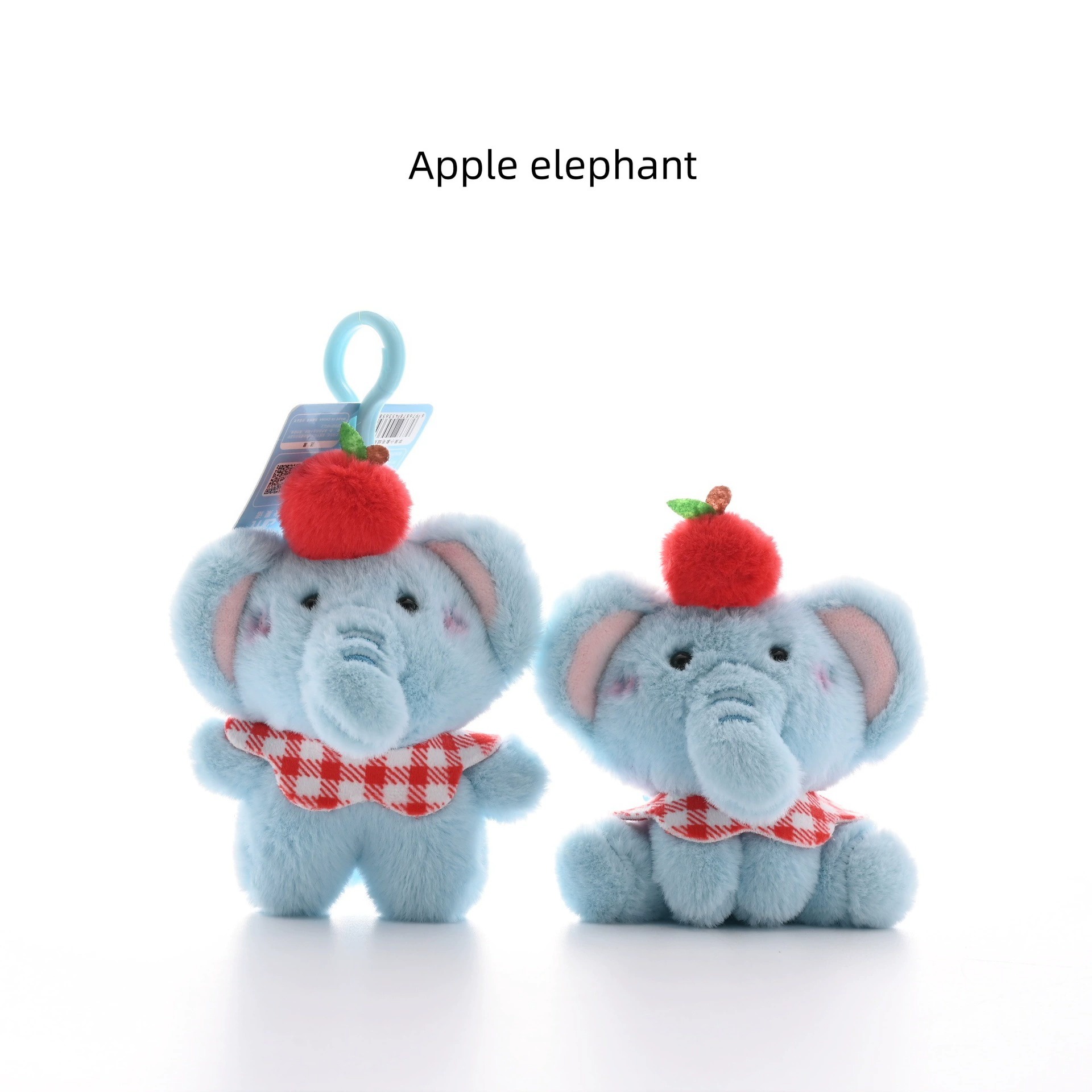 Cute Blue Elephant Plush Keychain 11cm Mini Soft Toy with Red Check Scarf and Pom Pom for Gifts 11