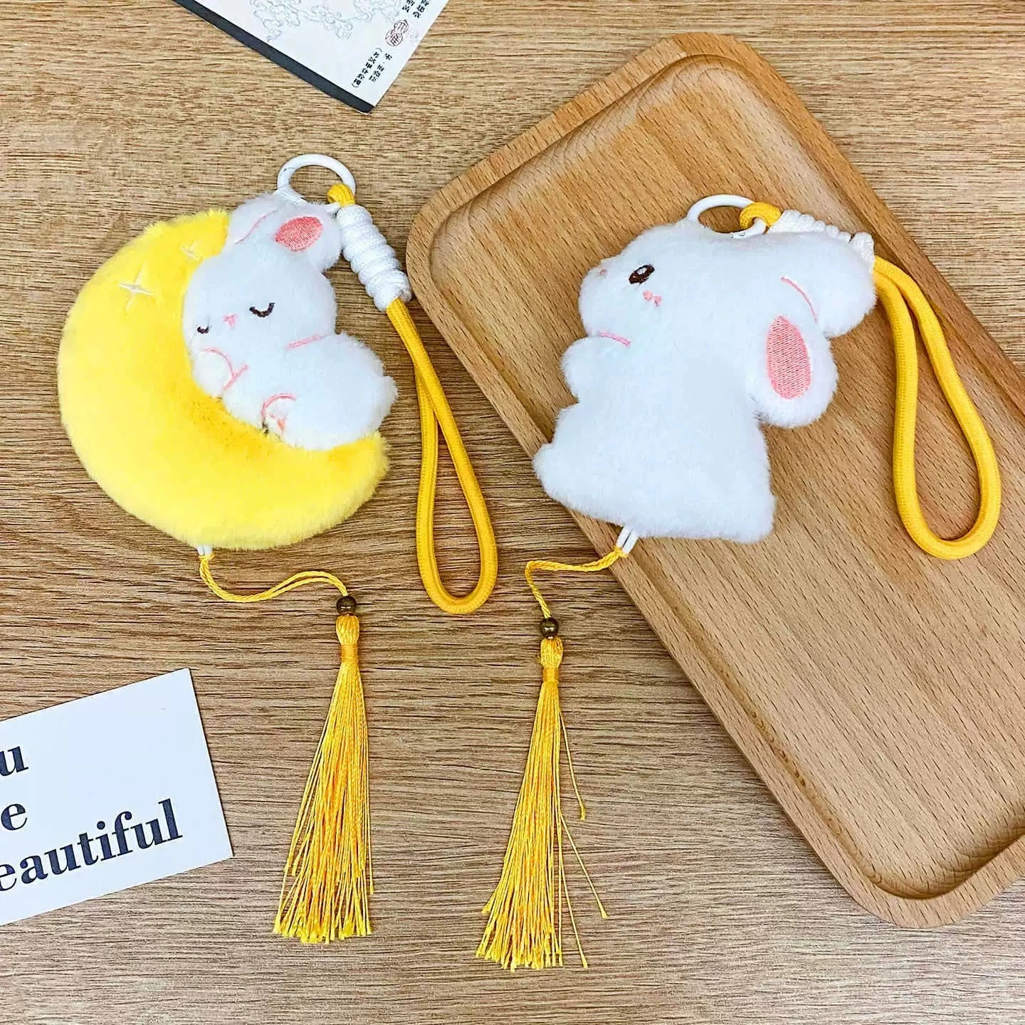 Cute Rabbit Plush Keychains with Yellow Tassels - Moon &amp; Cartoon Bunny Hanging Decorations 1