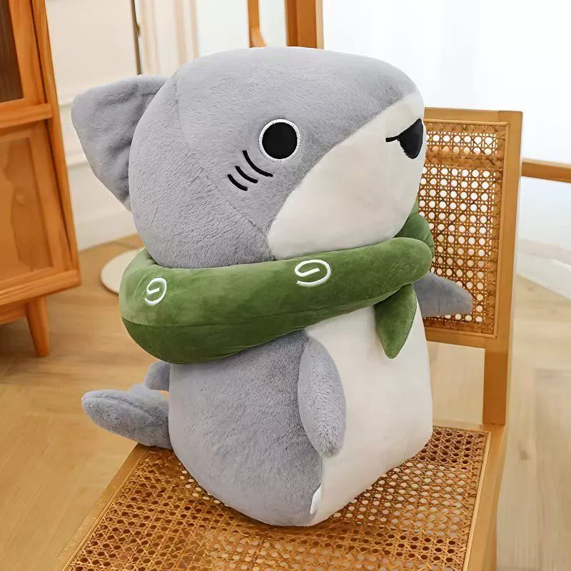 Cute Shark Plush Toy with Green Inflatable - Style Ring | Soft Stuffed Animal Doll 12
