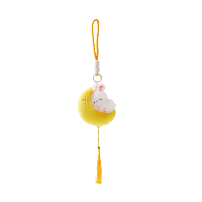 Cute Rabbit Plush Keychains with Yellow Tassels - Moon & Cartoon Bunny Hanging Decorations 12