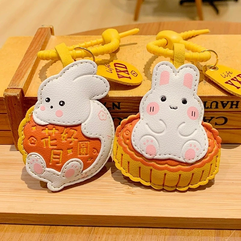 7cm Mid - Autumn Festival Rabbit &amp; Mooncake Keychain - Cute Bunny Charm Engraving, Yellow Stretch Cord for Bag/Key Decor 1
