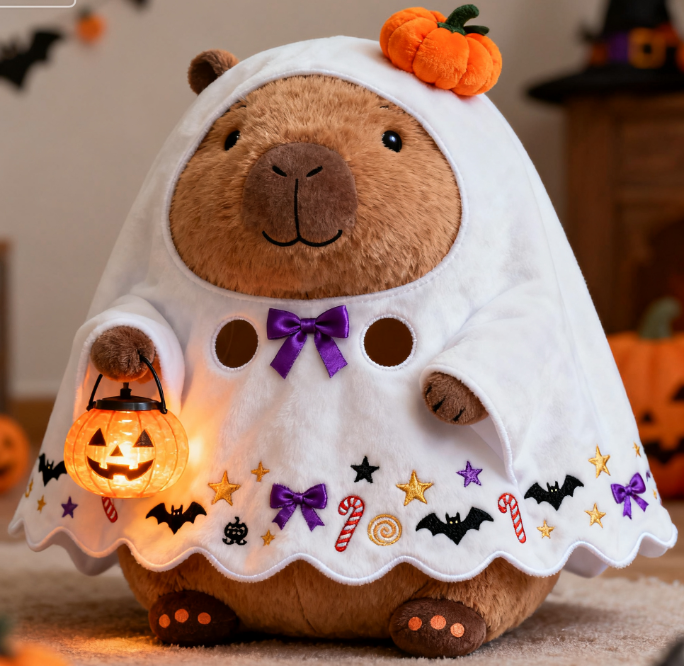 Cute Halloween Ghost Capybara Plushie - Stuffed Capybara in Ghost Outfit for Festive Gifting & Displays 6