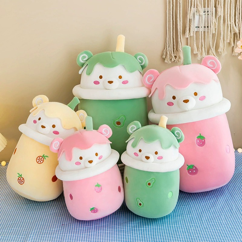 Yellow Green Pink Cheap Cute Bubble Plushie Stuffed ToysMilk Tea Cup Bear Shaped Boba Plush Toy Pillow Soft Back Cushion 12