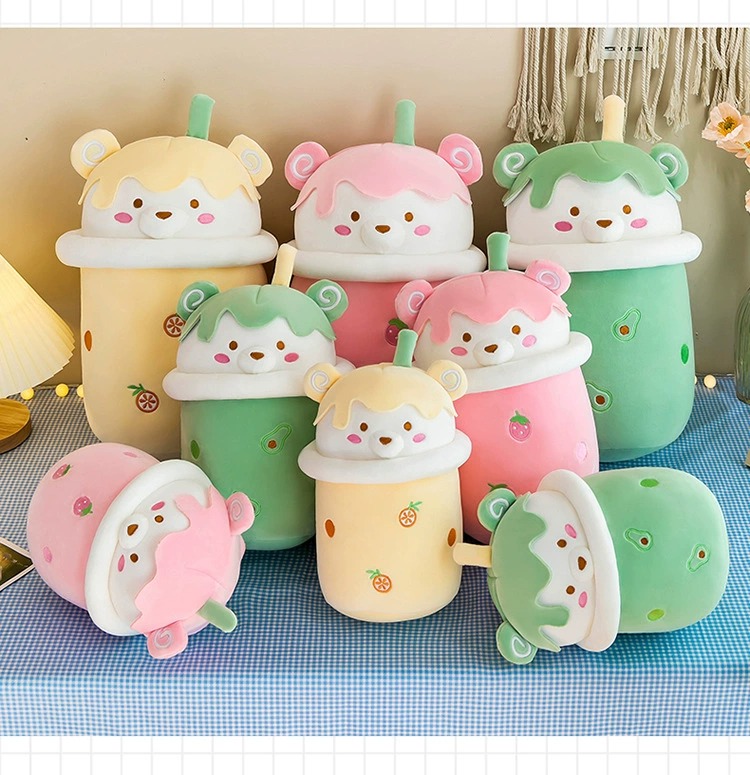 Yellow Green Pink Cheap Cute Bubble Plushie Stuffed ToysMilk Tea Cup Bear Shaped Boba Plush Toy Pillow Soft Back Cushion 11