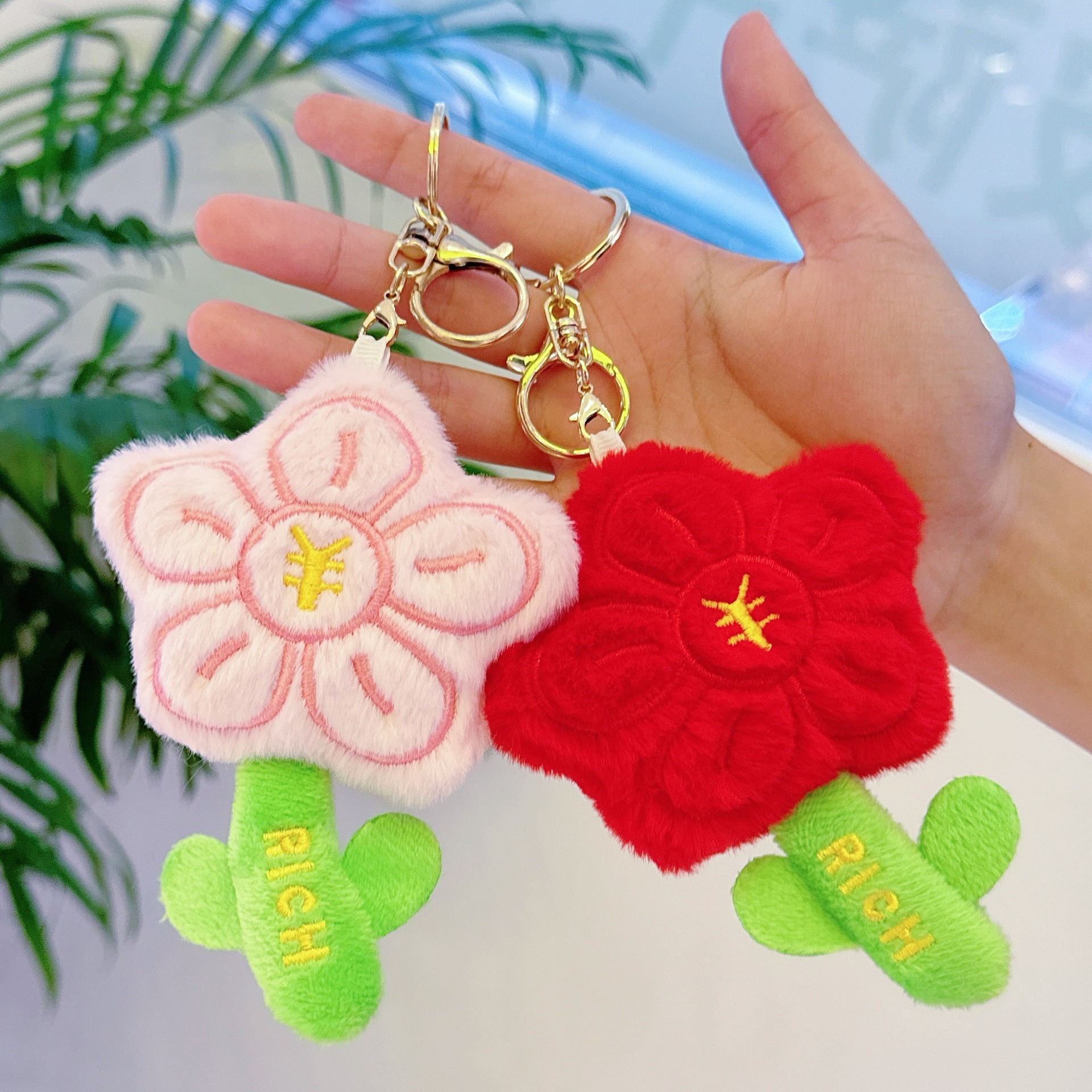 11cm Cute Plush Flower Keychains with RICH Wish - Red & Pink Lucky Flower Bag/Key Decorations 9