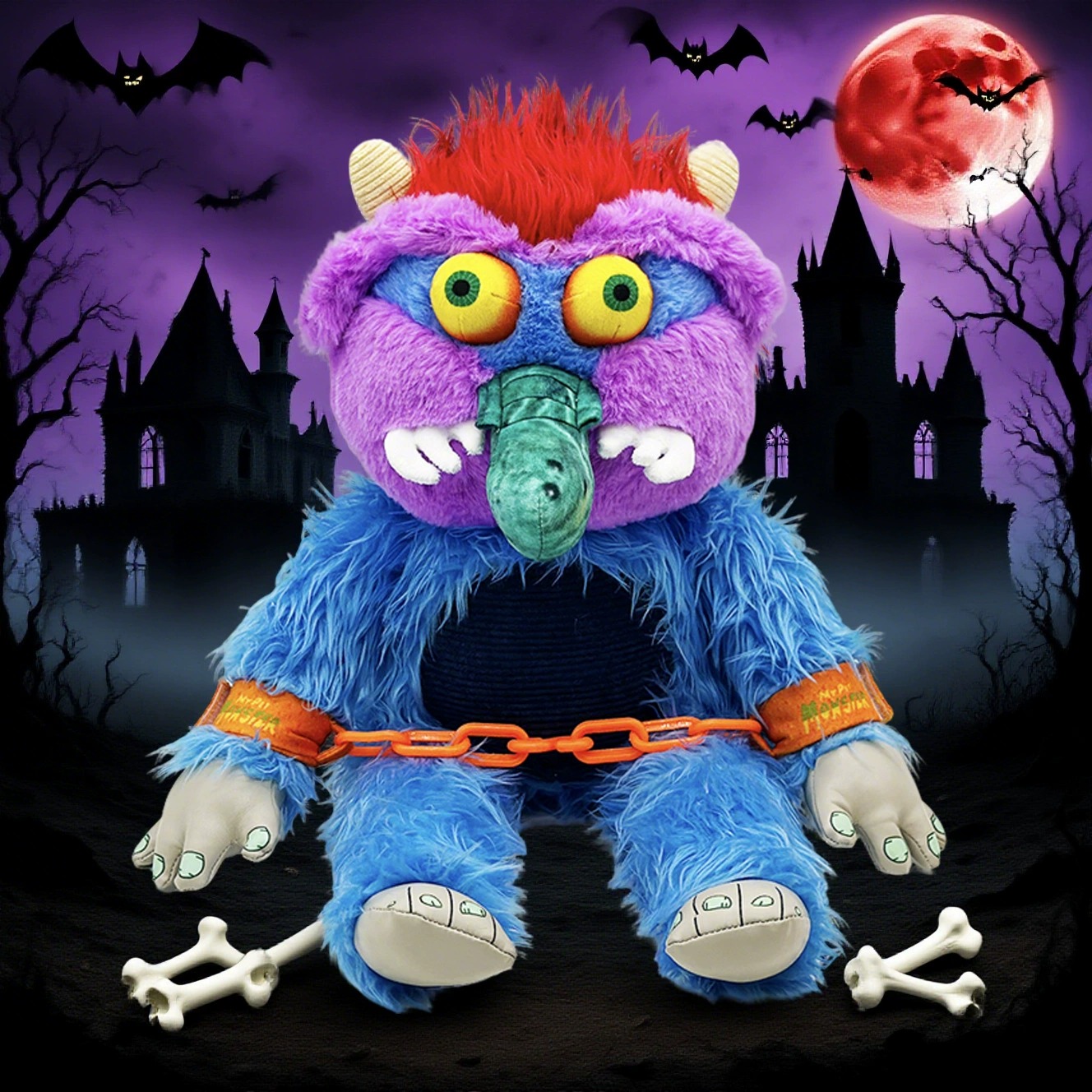 Whimsical Monster Plush Toy - 31cm Sitting Height, 427g Soft Stuffed Creature with Colorful Design & Chain Detail 11
