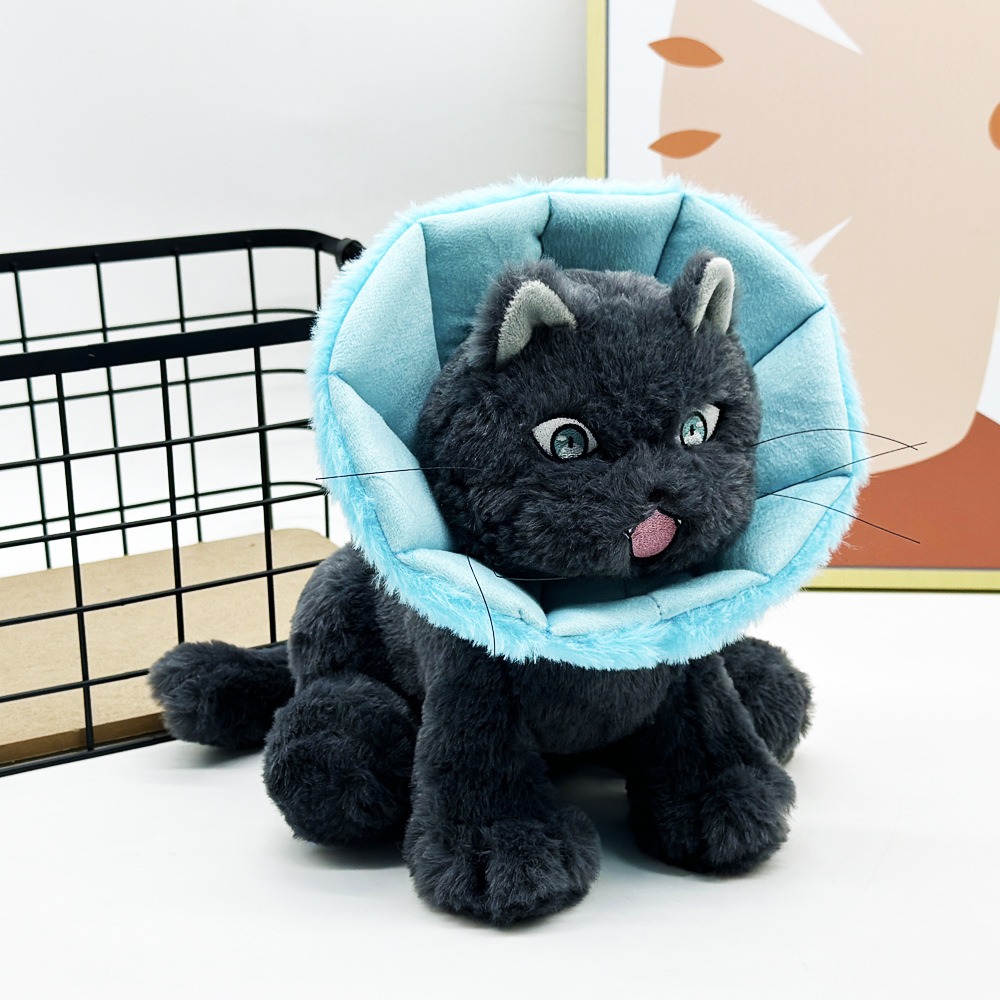Cute Black Cat Plush Toy with Blue Protective Collar - 24cm, 199g 12