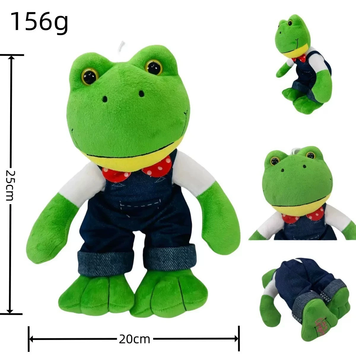 Cute Frog Plush Toy in Overalls Cartoon Green Frog Stuffed Animal Doll with Red Bowtie for Kids and Collectors 1