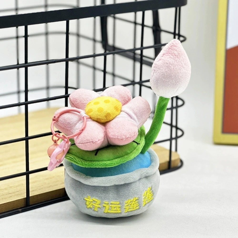 Porte-clés mignon en forme de pot de lotus en peluche - Breloque « Lotus porte-bonheur », pendentif plante douce en peluche de 14 cm avec anneau porte-clés, 50 g. 1