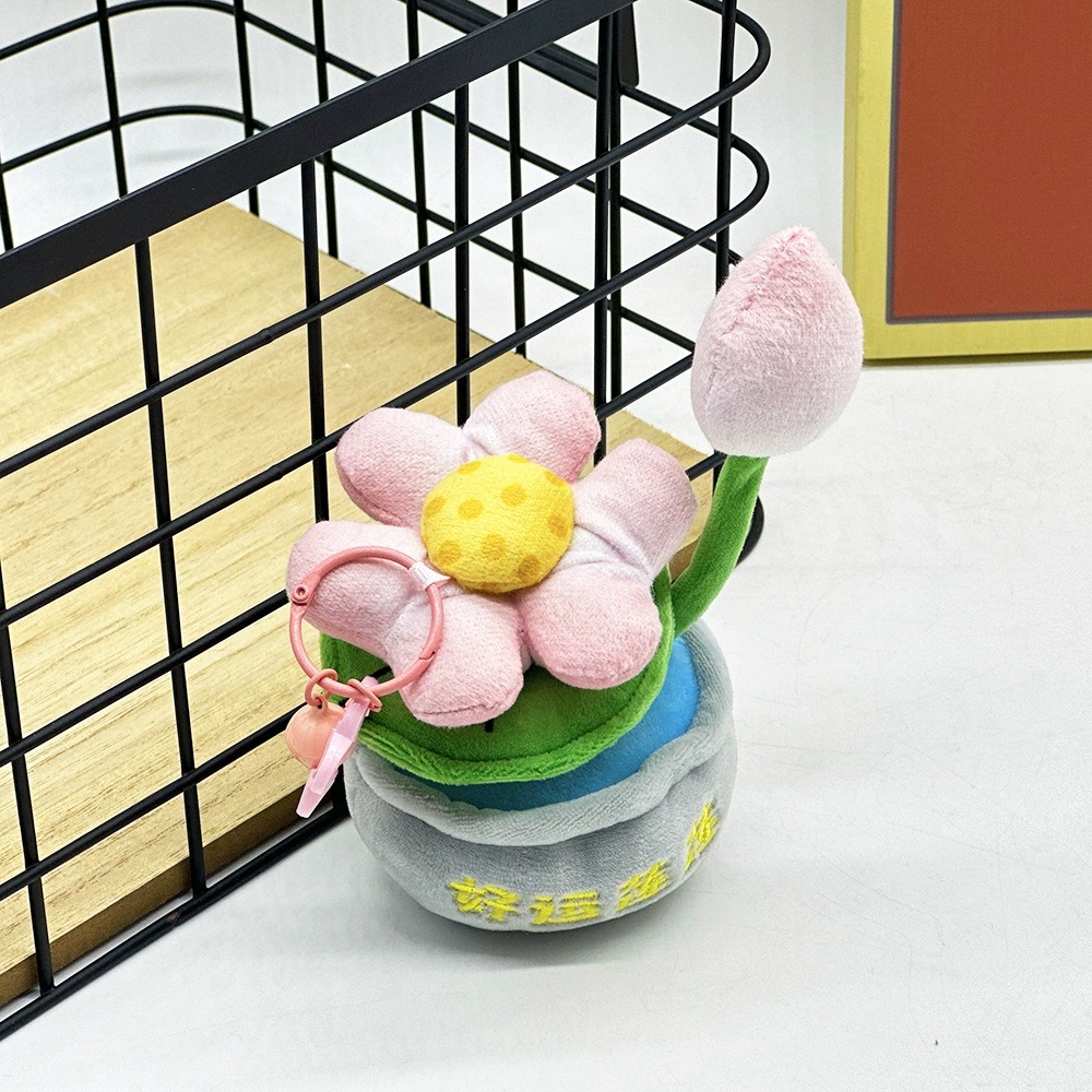 Porte-clés mignon en forme de pot de lotus en peluche - Breloque « Lotus porte-bonheur », pendentif plante douce en peluche de 14 cm avec anneau porte-clés, 50 g. 13
