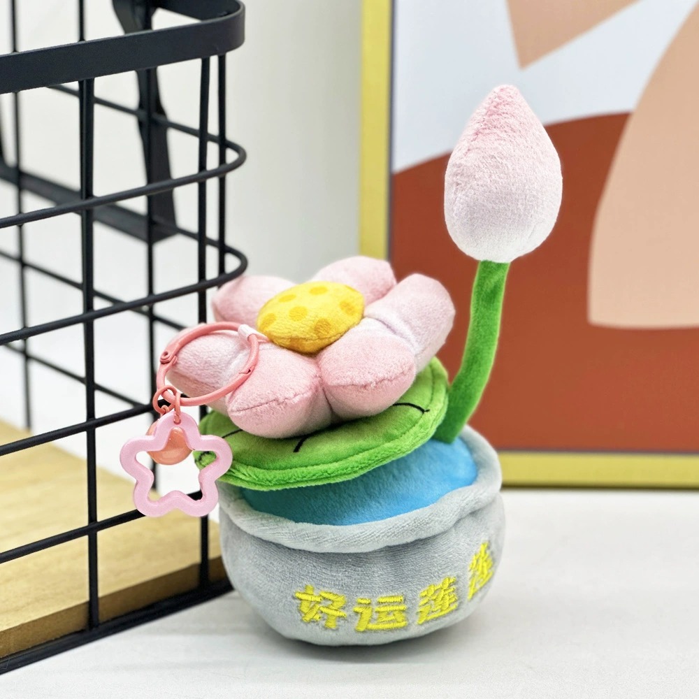 Porte-clés mignon en forme de pot de lotus en peluche - Breloque « Lotus porte-bonheur », pendentif plante douce en peluche de 14 cm avec anneau porte-clés, 50 g. 11